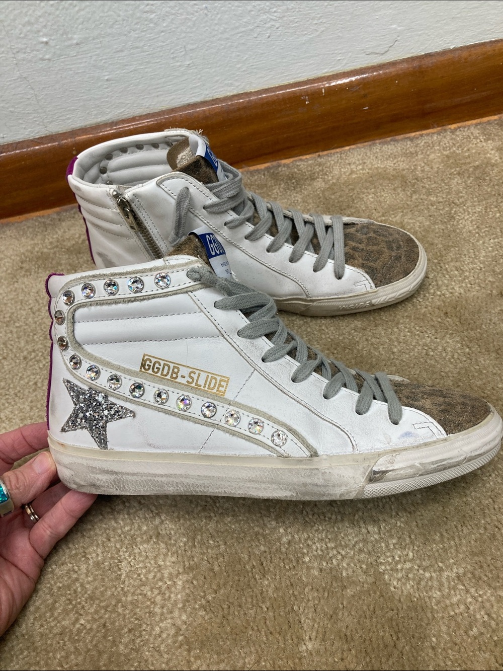 Golden Goose Swarovski Crystal Leopard Print Toe Slide Sneakers size 7